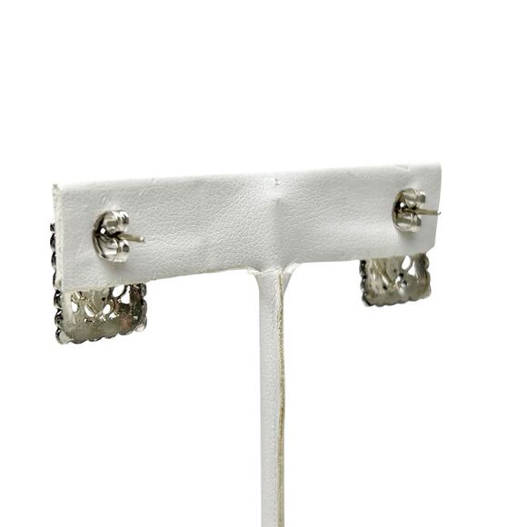 Earrings Silver Tone Filigree Faux Marcasite Black Stone Pierced Art Deco Style - Picture 5 of 8